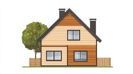 Cosy modern house with a wooden plank facade isolated on a white background