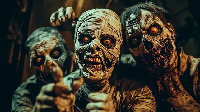 Animated mummy werewolf and zombie celebrating Halloween with live music spooky entertainment and eerie vibes