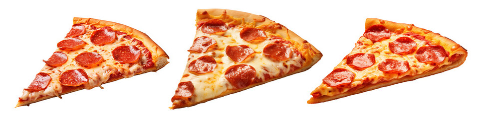 Set of three delicious pepperoni pizza slices with melted cheese and crispy crust isolated on transparent background PNG cutout.