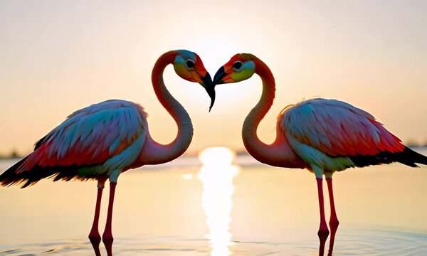 As the sun dipped below the horizon, casting a golden glow over the lake, the flamingos gathered for their nightly dance