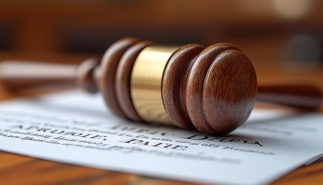 Gavel on affidavit document on table, courtroom background, legal decision