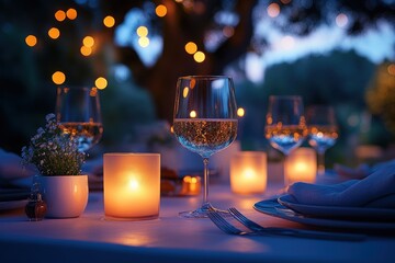 Outdoor Dinner Party with Friends Smiling and Enjoying a Meal Together