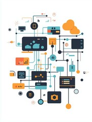 Set of devices with laptop, phone, and icons symbolizing communication and technology