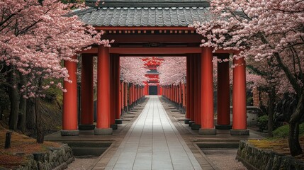 Cherry blossom pathway, temple, Japan, spring, serenity