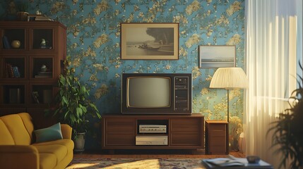 Retro living room with vintage TV, furniture, and floral wallpaper.