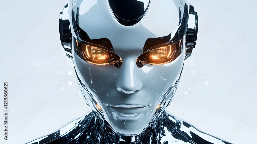 Poster close up view of a futuristic robots face