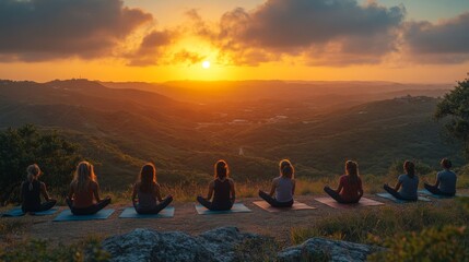 Participants sit in a meditative pose, engaging in a group yoga session on a hilltop as the sun sets, casting warm hues across the landscape.