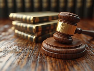 Gavel on desk; law books, courtroom background; legal decision