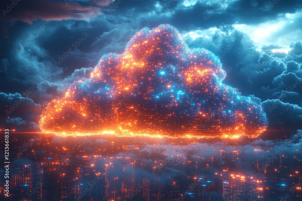 Aufkleber glowing blue digital data cloud in cyberpunk style with circuit board patterns against black backgro
