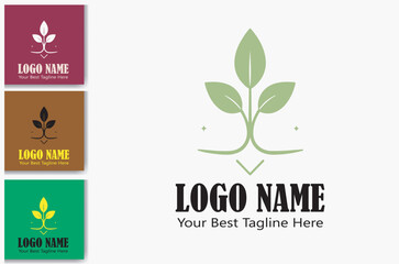 Three logo variations featuring a stylized plant motif on different colored backgrounds.