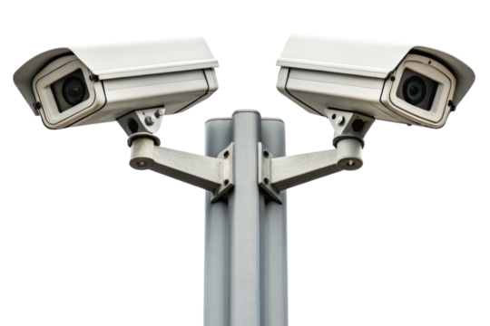 Two security cameras mounted on a pole isolated with transparent background - Powered by Adobe