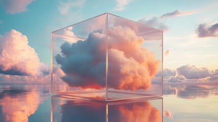 Creative cloud concept in glass cube. Cloudscape digital metaverse infrastructure.