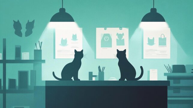 Purrfect Fix: Veterinary Clinic Background with Cat Silhouettes and Calming Blue Tones