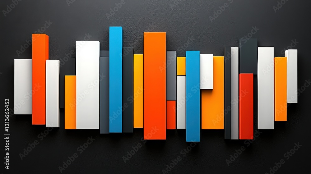 Poster Abstract Geometric Pattern: A vibrant and dynamic composition of colorful, rectangular shapes arranged in an abstract, rhythmic pattern.