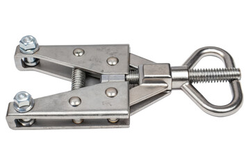 Close-up of a stainless steel clamping tool isolated with transparent background
