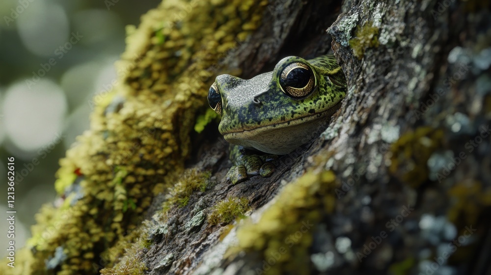 Wall mural Green Tree Frog Hiding in a Tree Trunk