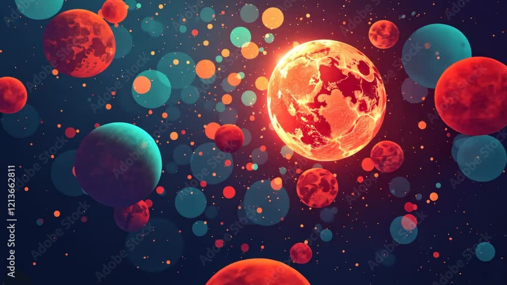 Aufkleber a red planet with a blue background. there are many small circles in the background