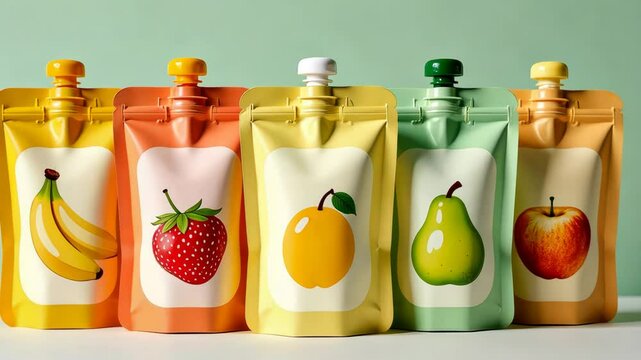 A row of fruit pouches with bananas, apples, and pears. The pouches are yellow, green, and red