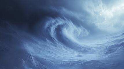 A dramatic, swirling wave of clouds against a dark blue sky, creating a sense of power and chaos.