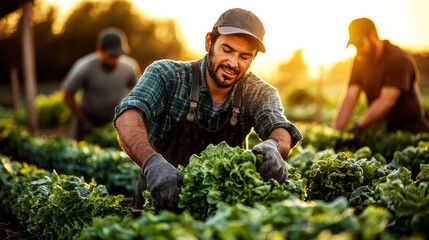 Farmers Harvesting Fresh Lettuce in a Vibrant Field at Golden Hour