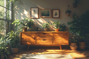 Cozy Living Room with Christmas Decor and Wooden Sideboard in Warm Earthy Tones