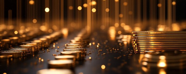 Gold bar stack and investment stock graph, growth money exchange, treasure coin concept, gold particles background, financial success diagram, ultrarealistic, 8K