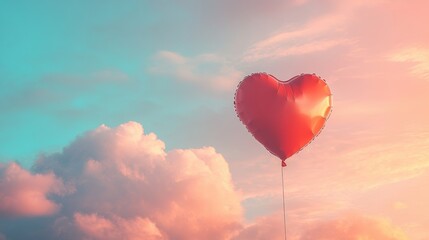 Fototapeta premium Romantic Heart Balloon Floating in Pastel Sky Love Dreamy Clouds