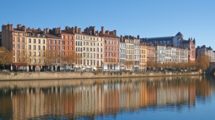 Fototapeta premium Colorful Buildings Reflecting In Calm River Water