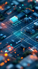 Obraz premium A vibrant aerial view of a city intersection illuminated by lights, showcasing roads, buildings, and dynamic urban elements.