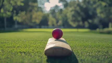 Cricket ball balanced on cricket bat in lush green cricket ground, cricket, ball, bat, sport, game, equipment, leather, red