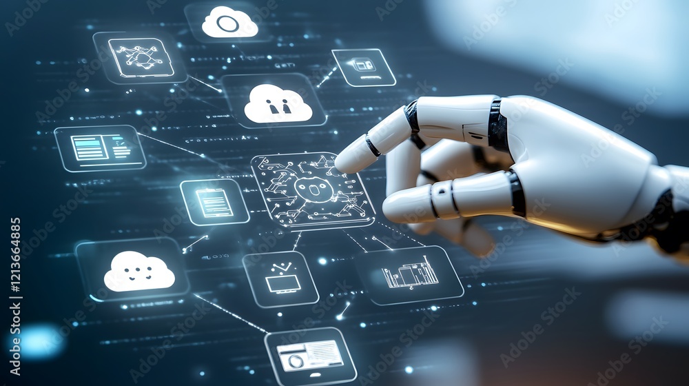 Poster robotic hand interacting with digital cloud network interface