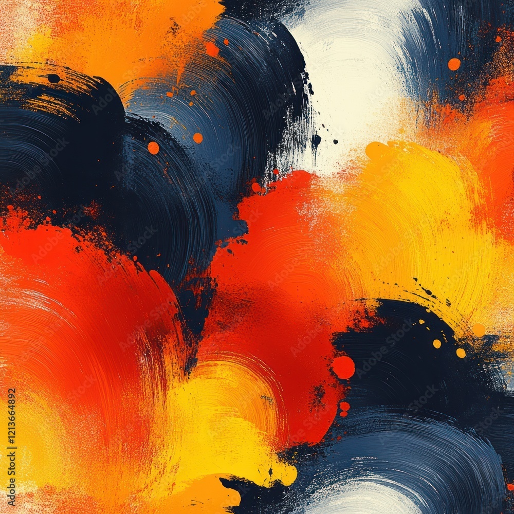 Poster abstract pattern with dynamic shapes in orange yellow and dark navy bold brush strokes textured fini