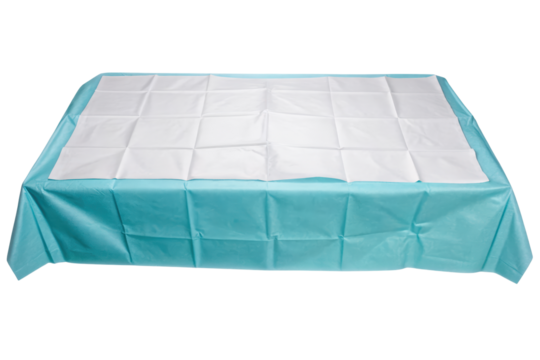 Teal disposable table cover with white insert isolated with transparent background