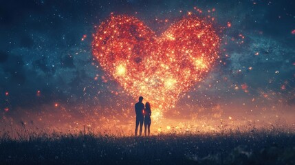 Fototapeta premium Romantic Couple Silhouetted Against a Heart Shaped Firework Display