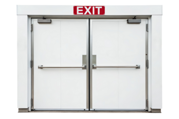 Pair of white double doors marked EXIT isolated with transparent background