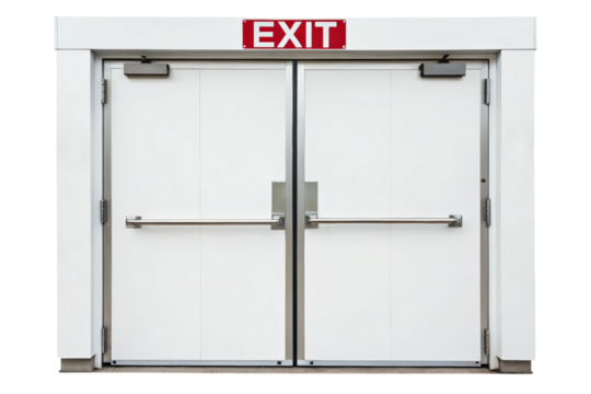 Pair of white double doors marked EXIT isolated with transparent background