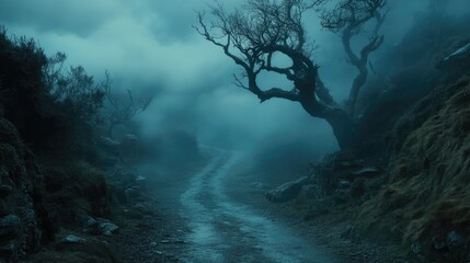 Foggy Path Through a Dark and Mysterious Forest