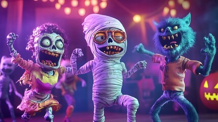 Animated mummy werewolf and zombie characters dancing to spooky beats and having fun at a whimsical Halloween celebration