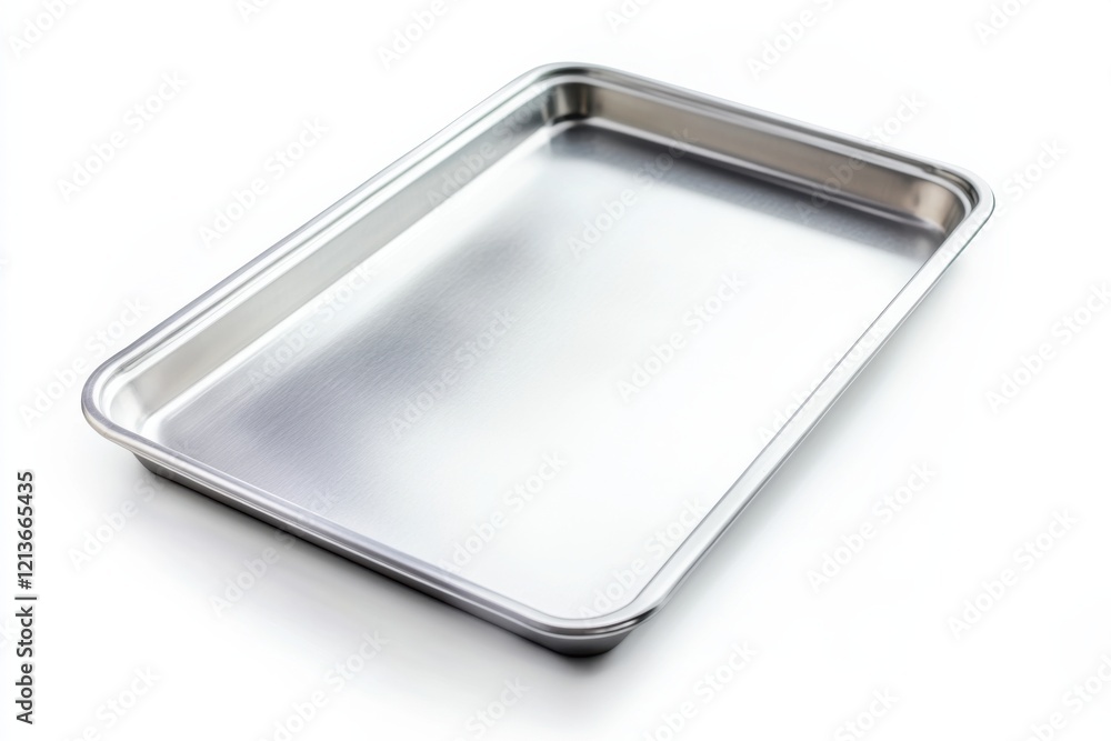 Poster professional stock mockup of a smooth metallic cookie sheet elegantly positioned on a pristine white