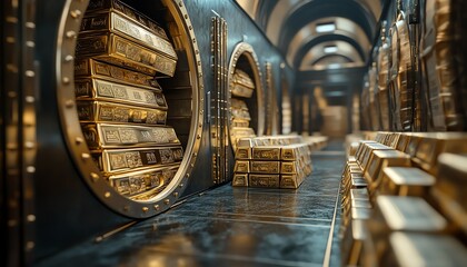 AIgenerated image of a bank vault with stacked gold bars, financial assets, cash, and money, showcasing secure storage and investment in a rich, financial environment