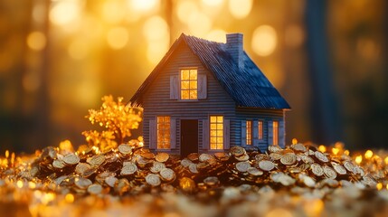 Generative AI image of a quaint house surrounded by gold coins, symbolizing home savings, prosperity, real estate finance, and home insurance in a conceptual piece
