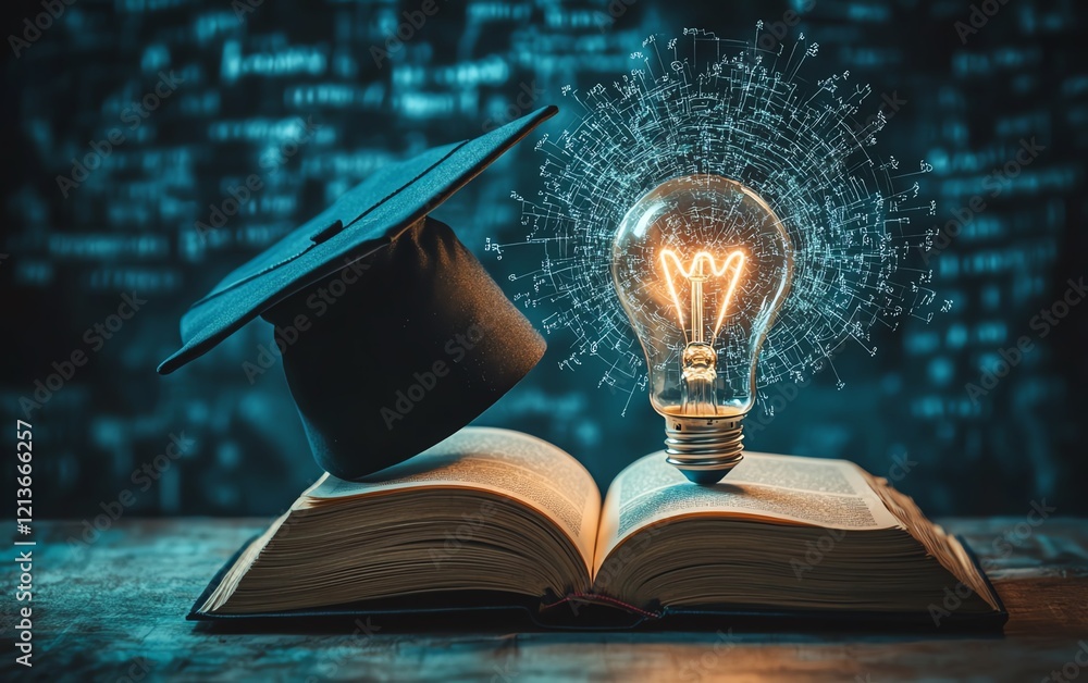 Poster a graduation cap placed on a bright lightbulb, with an open book beneath it displaying flowing mathe