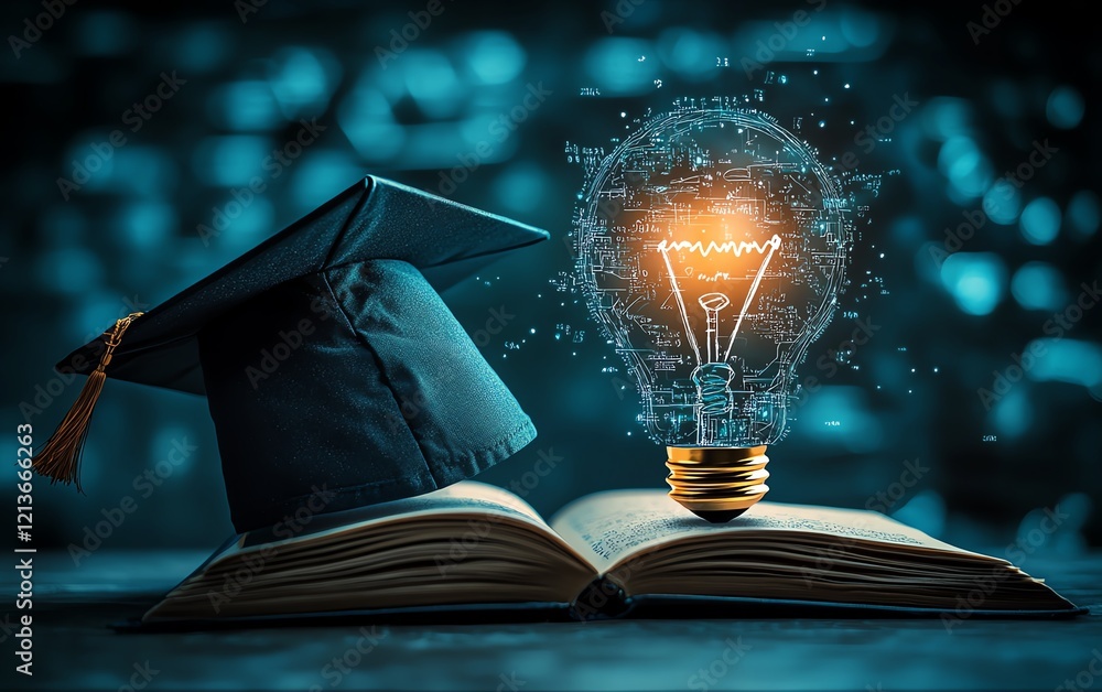 Poster a graduation cap placed on a bright lightbulb, with an open book beneath it displaying flowing mathe