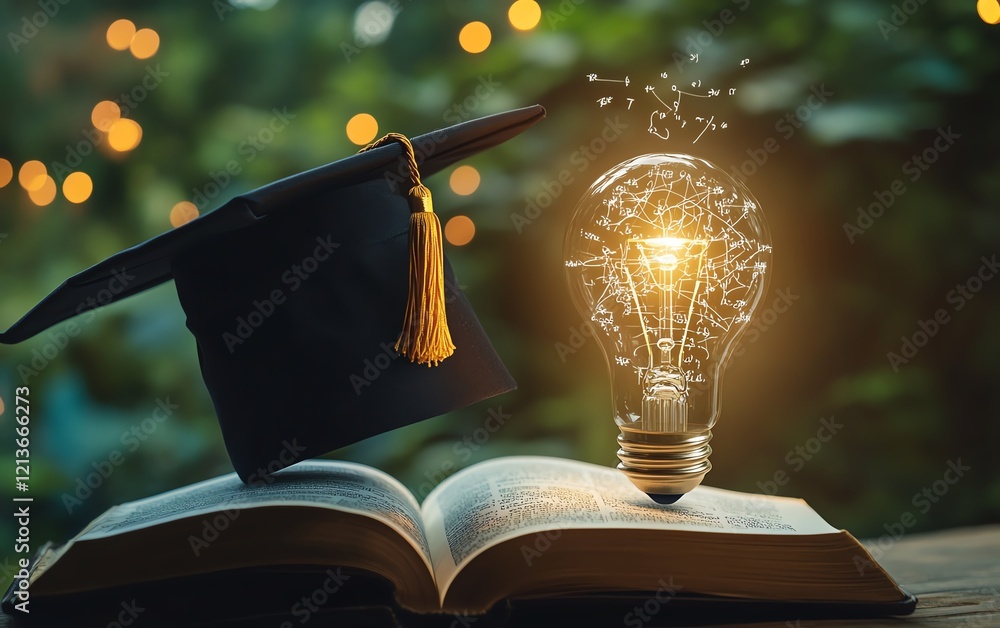 Poster a graduation cap placed on a bright lightbulb, with an open book beneath it displaying flowing mathe