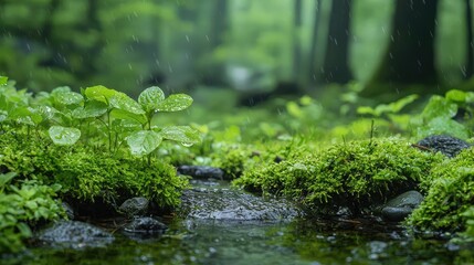 Fototapeta premium Small green plants and mossy rocks thrive along a gentle stream on a rainy day in a lush forest.