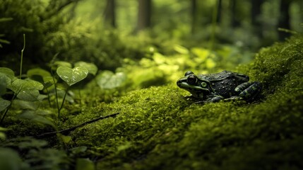 Green Frog on a Bed of Moss in a Forest