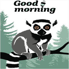 Cute Lemur with Coffee-Themed 'Good Morning' Design for Posters and Cards