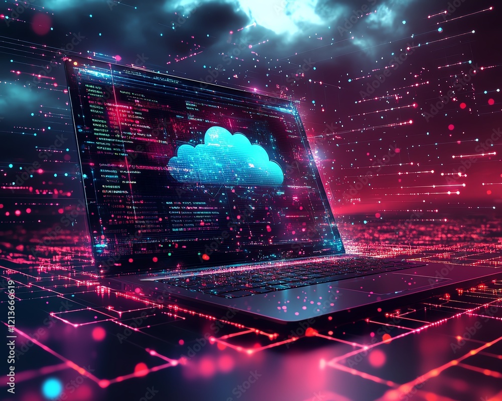 Poster a futuristic laptop screen showcasing an interactive cloud computing interface, with vibrant data po