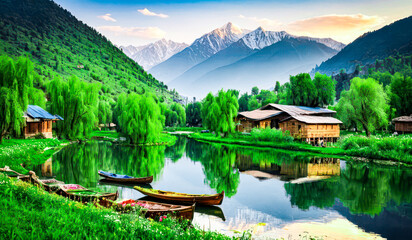 Tranquil Scene of Kashmir’s River Valley Surrounded by Majestic Mountains and Verdant Fields