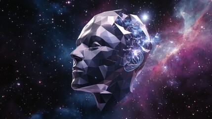 Fototapeta premium Cosmic Consciousness: A Polygonal Head in a Starry Sky